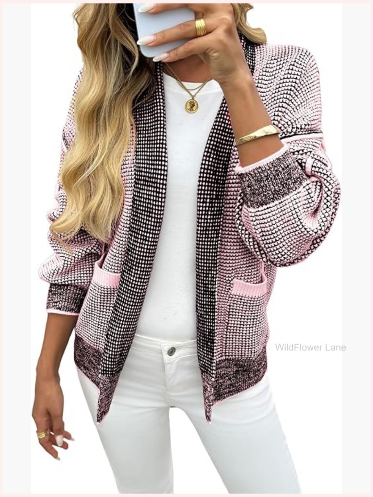 Open Front Waffle Knit Cardigan Long Sleeve Shawl Collar Sweater Coat With